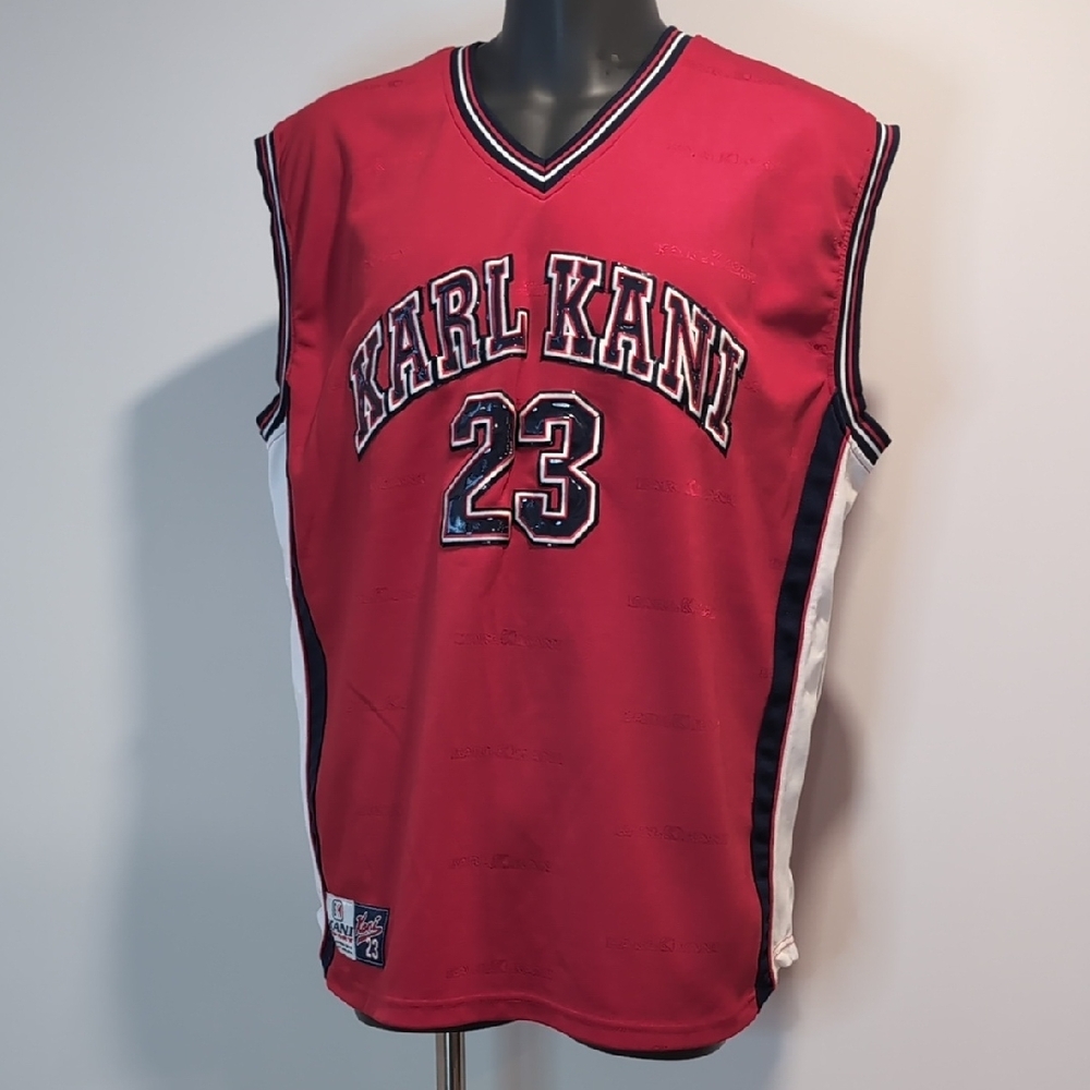 Vintage 90's Karl Kani Red Sleeveless Basketball Jersey with Navy Trim